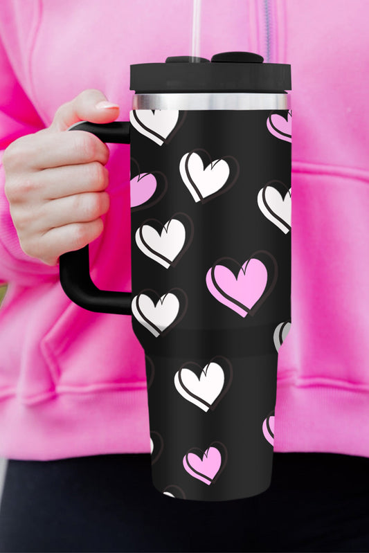 Black Valentines Heart Printed Thermos Cup with Handle